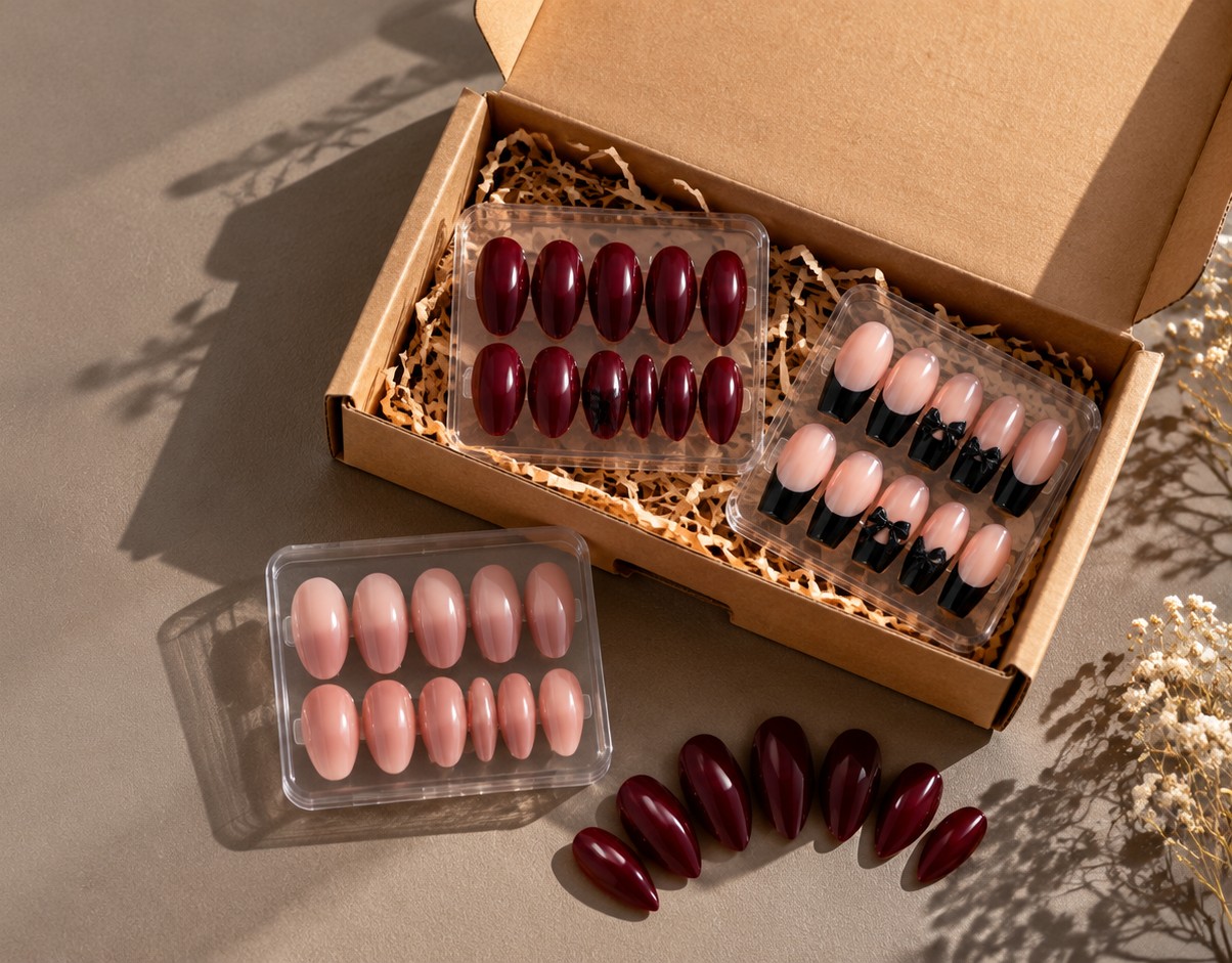 Press-on nail trays laid out next to a plain kraft mailer box